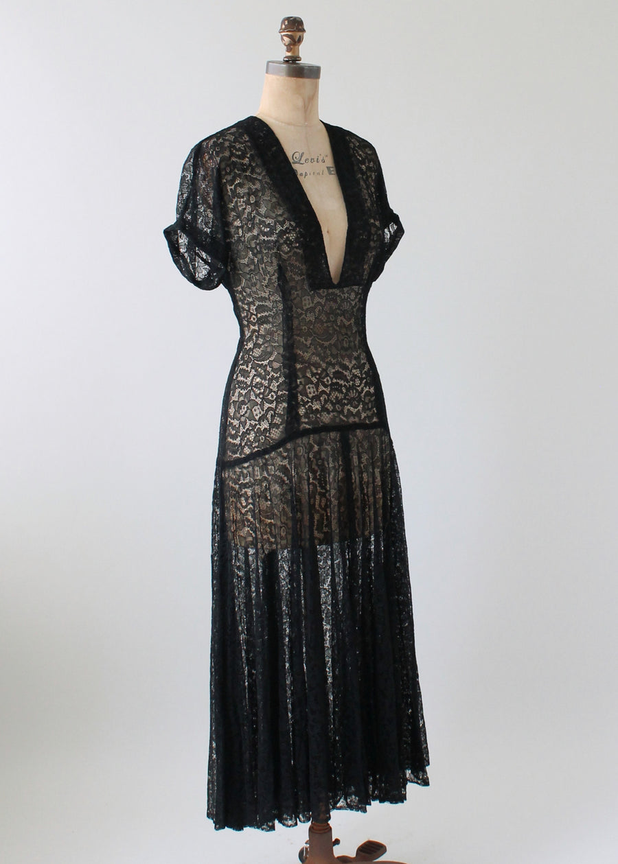 Vintage 1940s Plunging Neckline Black Lace Dress