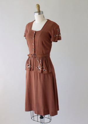 Vintage 1940s Brown Cut Out Peplum Day Dress