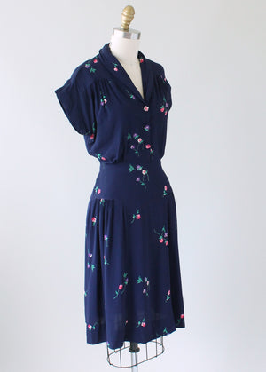 Vintage 1940s Navy Rayon Day Dress with Petite Flowers