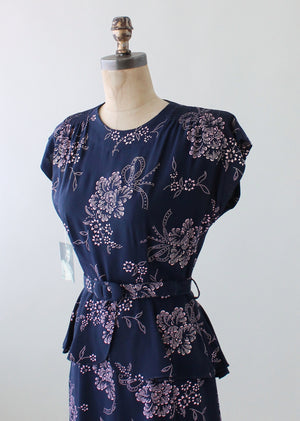 Vintage 1940s Navy and Pink Rayon Floral Dress with Peplum