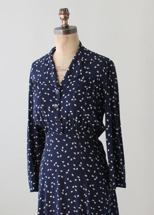 Vintage 1940s Navy and White Cotton Jersey Day Dress