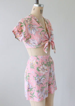 Vintage 1940s Two Piece Pink Floral Playsuit