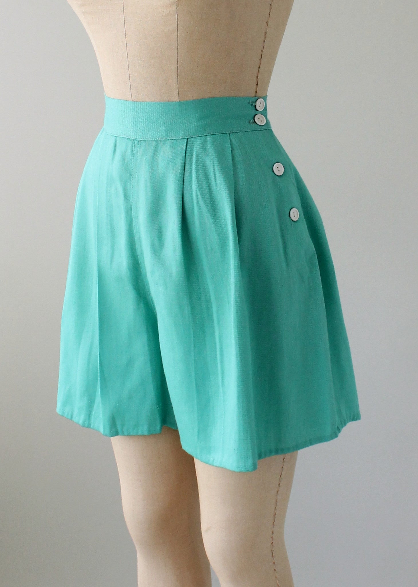 Vintage 1940s Teal Cotton Side Button Shorts