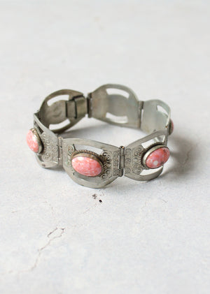 Vintage 1950s Mexican Sterling Silver and Pink Glass Bracelet