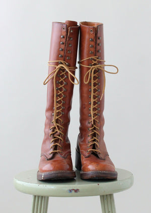 Vintage 1970s Brown Leather Tall Lace Up Boots