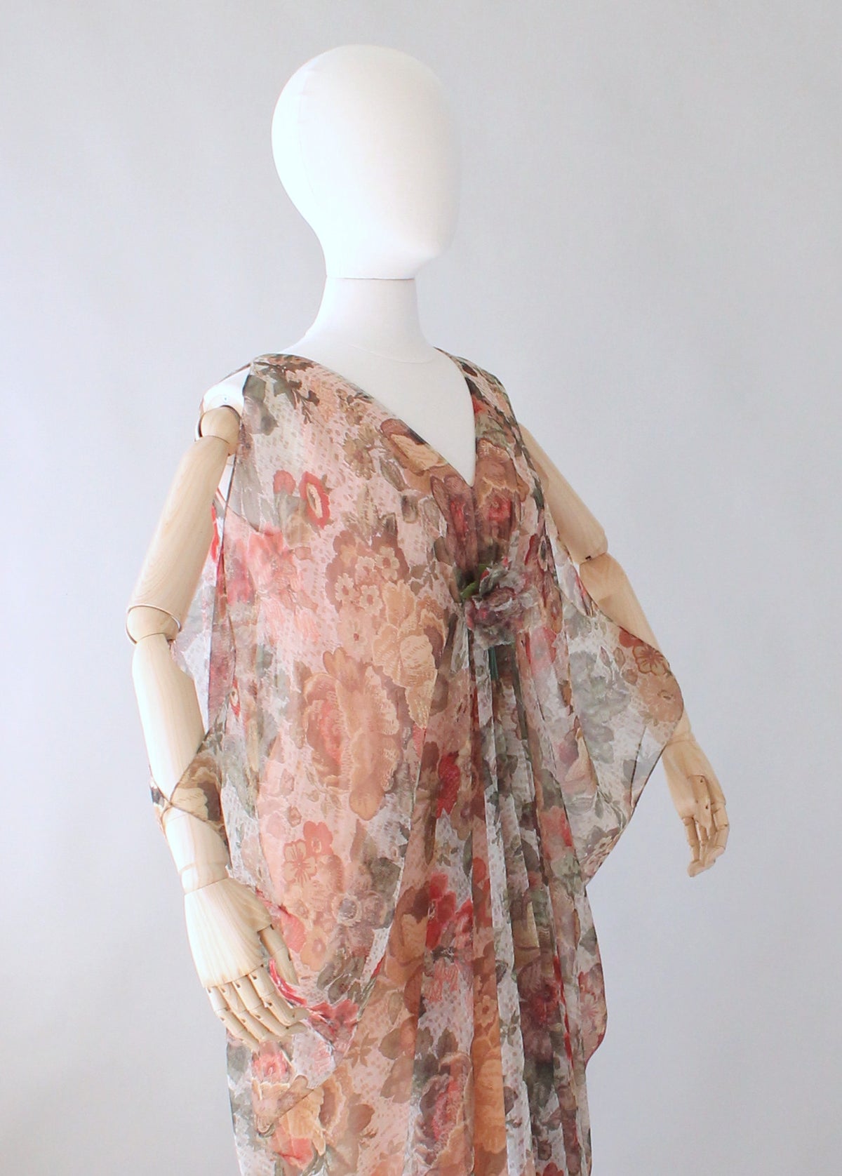 1960s Unlabeled Brown Floral Print Chiffon Caftan Dress w Feather Trim & Bare Shoulder Cut