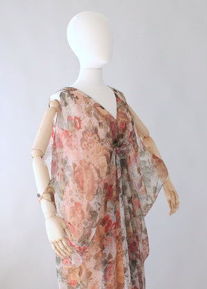 Vintage 1970s Open Sleeve Floral Chiffon Caftan Dress