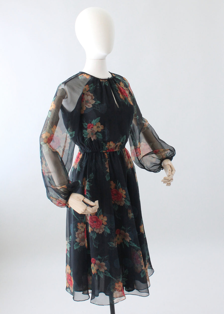 Vintage 1970s Floral Navy Chiffon Day Dress