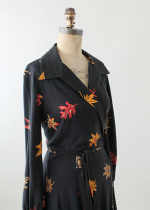 Vintage 1970s Leaf Print Cotton Jersey Wrap Dress