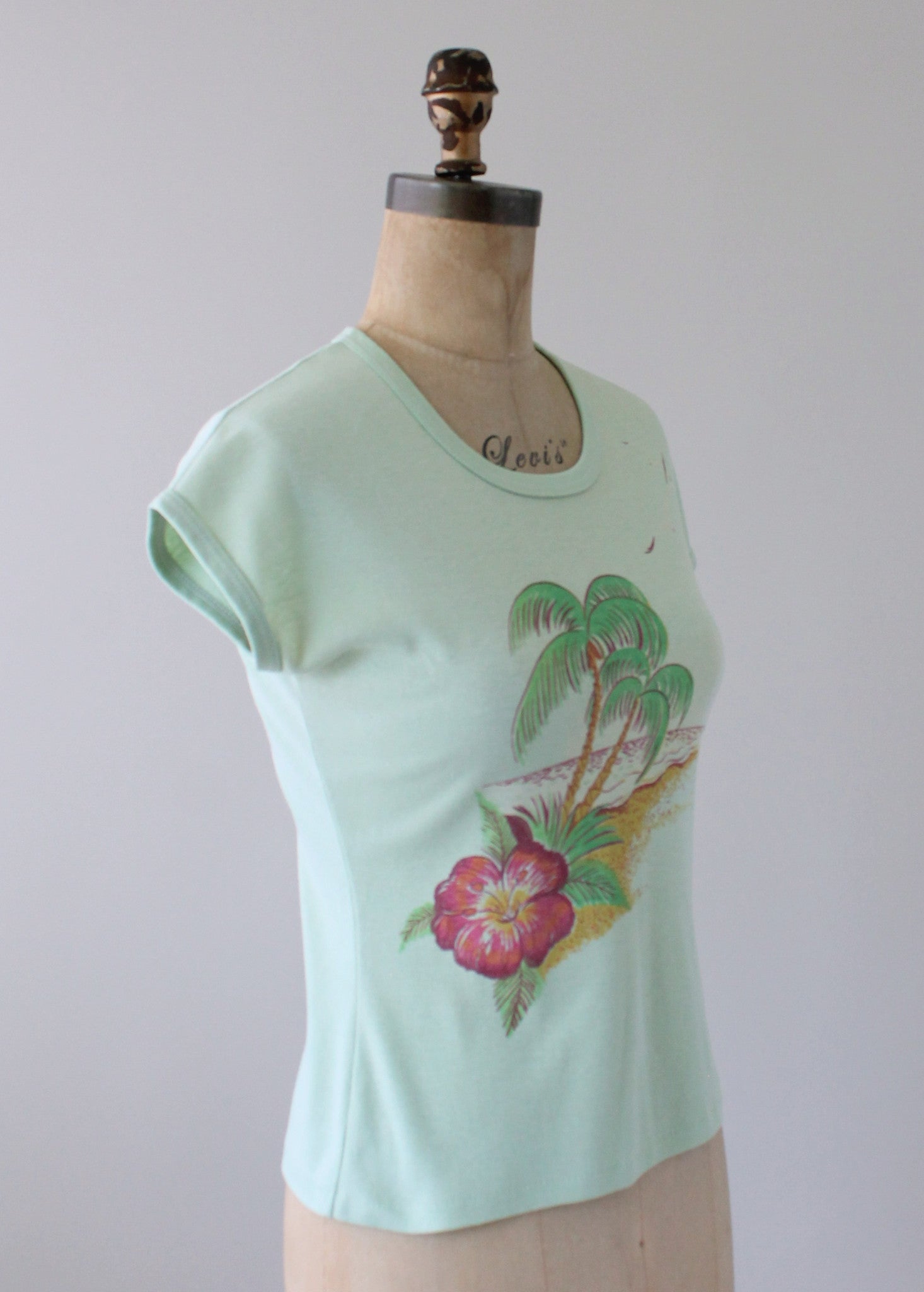 Vintage 1970s Mint Green Tropical Babydoll Shirt