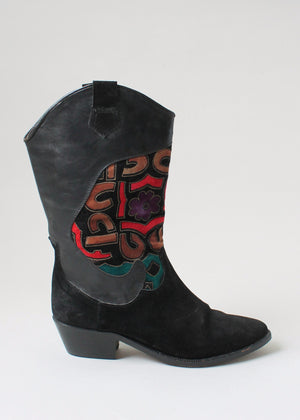 Vintage 1980s Charles Jourdan Leather and Velvet Boots