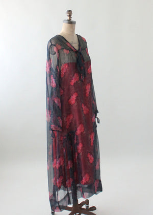 Vintage 1920s Navy and Pink Floral Silk Chiffon Dress