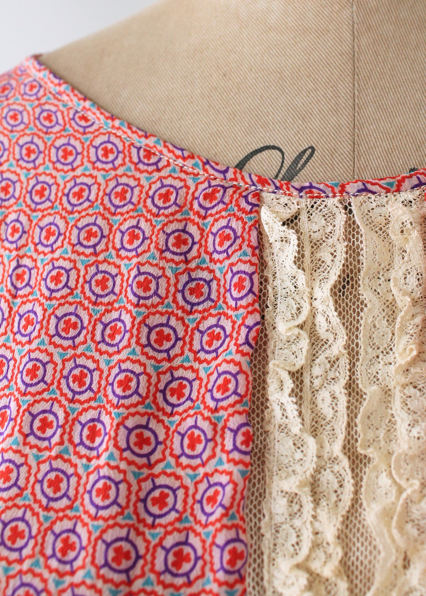Vintage 1920s Pink Print Silk and Lace Blouse