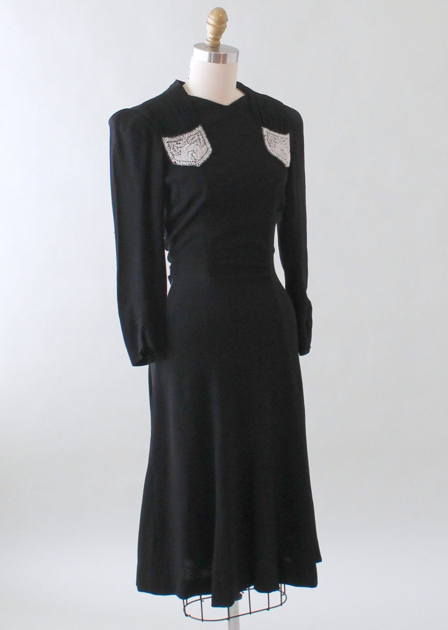 Vintage 1930s FOGA Black Beaded Crepe Dress