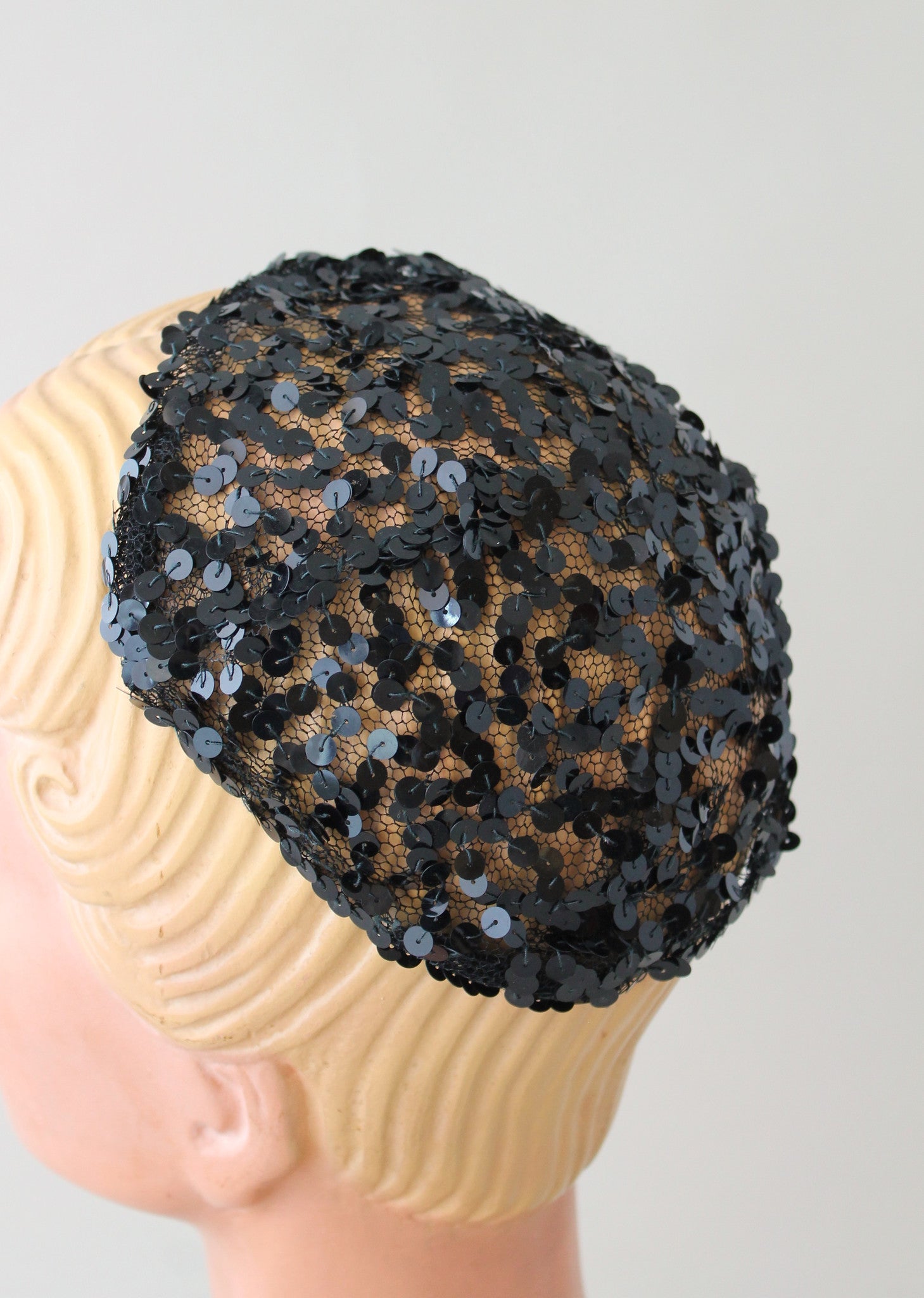 Vintage 1930s Black Sequined Skull Cap