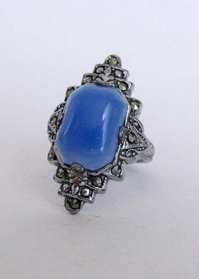 Vintage 1930s Art Deco Blue and Marcasite Cocktail Ring