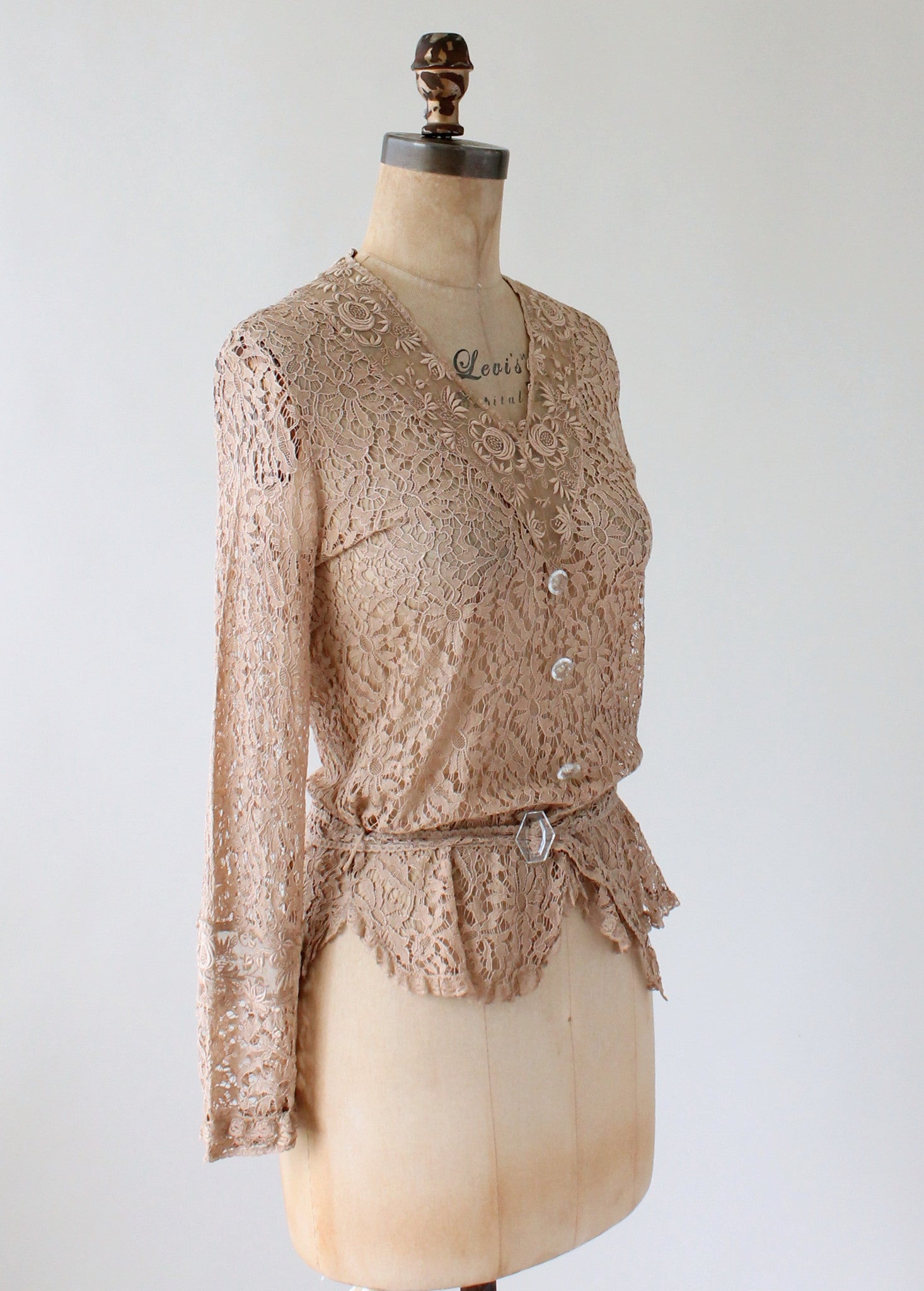 Vintage 1920s–30s Ecru Lace Blouse with Glass Buttons