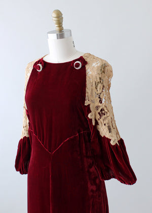 Vintage 1930s Red Velvet and Lace Evening Dress