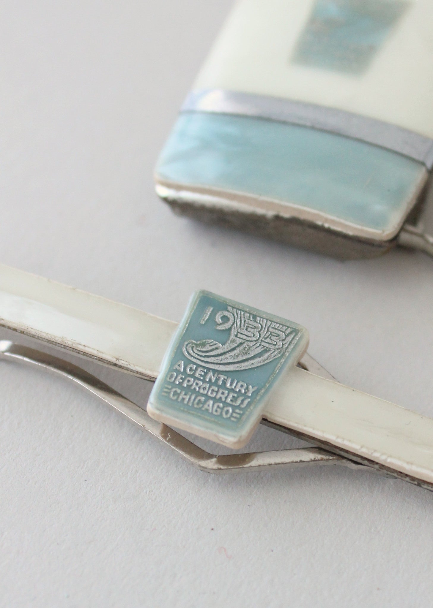 Vintage 1930s Chicago World's Fair Tie Clip and Buckle Gift Set
