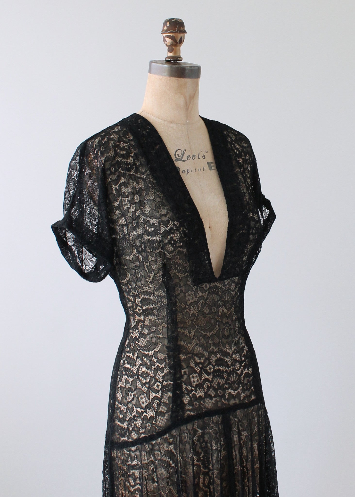 Vintage 1940s Plunging Neckline Black Lace Dress