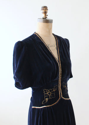 Vintage Early 1940s Embellished Blue Velvet Party Dress