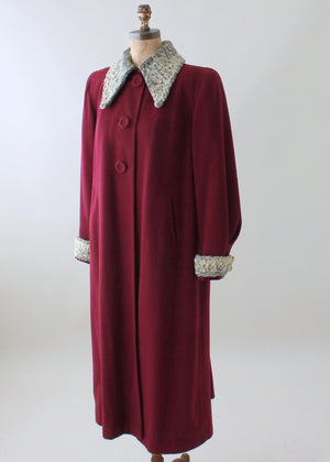 Vintage 1940s Cranberry Wool and Curly Lamb Fur Coat