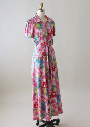 Vintage 1940s Floral Cotton Zip Front Robe Dress