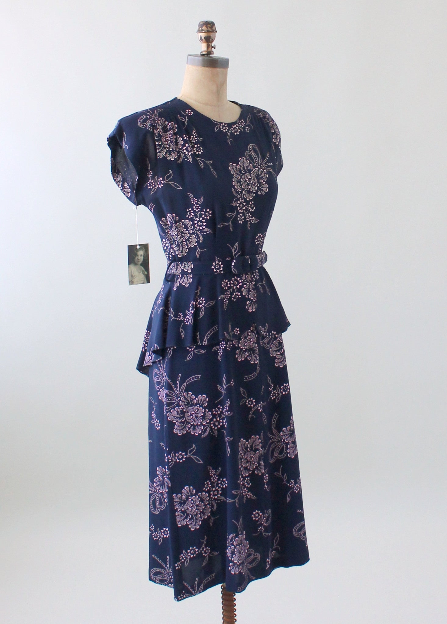 navy blue pink floral dress Vintage 1940s Navy and Pink Rayon Floral Dress with Peplum