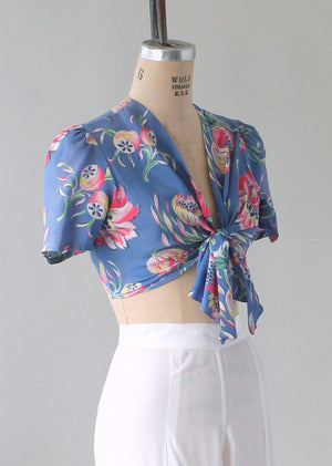 Vintage 1940s Floral Print Tie Front Top