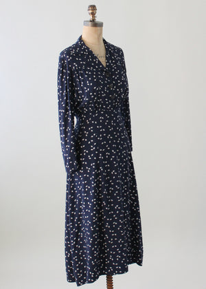 Vintage 1940s Navy and White Cotton Jersey Day Dress