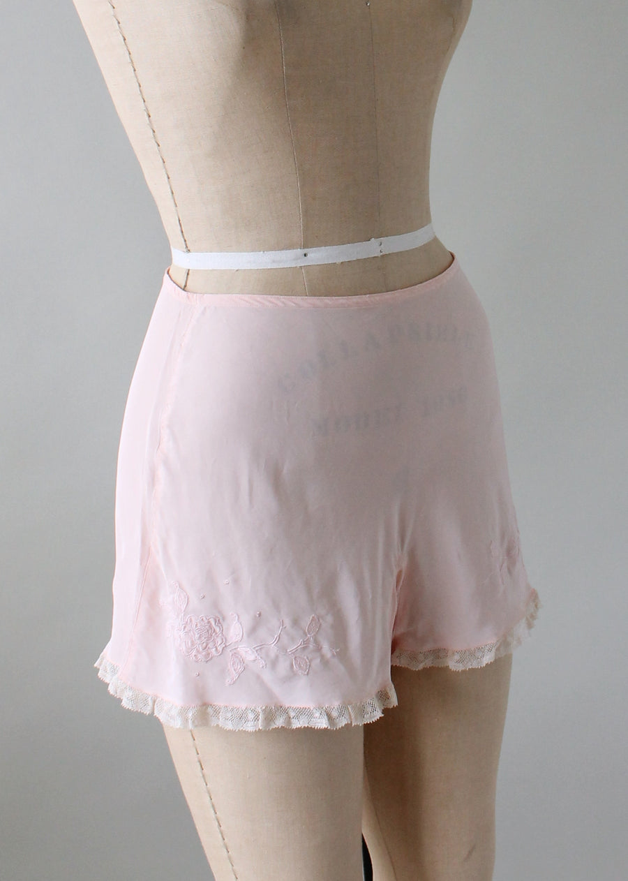 Vintage 1940s Pink Rayon Tap Pants with Floral Appliques