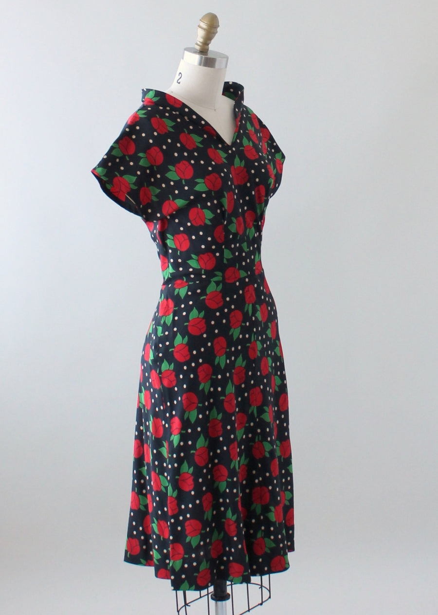 Vintage 1940s Red Roses Print Black Silk Dress