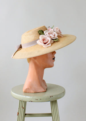 Vintage Early 1940s Pink Roses Wide Brim Hat