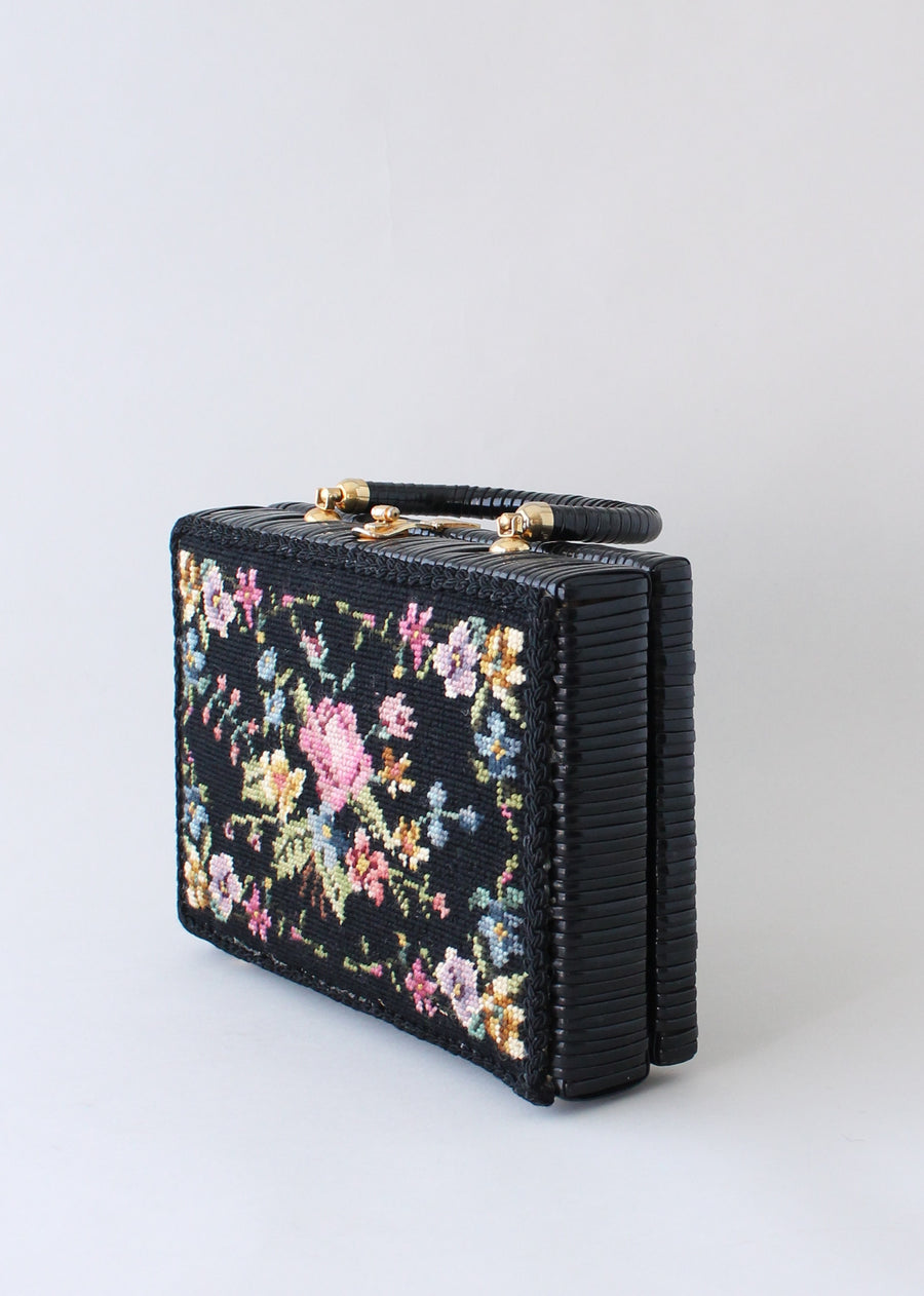 Vintage 1960s Black Wicker Box Purse with Floral Needlework