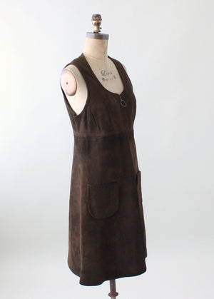 Vintage 1960s Brown Suede Zip Front Jumper Dress