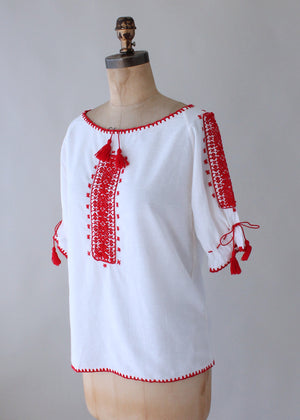 Vintage 1970s Red and White Embroidered Cotton Peasant Shirt