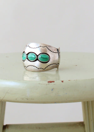 Vintage 1970s Sterling Silver and Malachite Signed Cuff Bracelet
