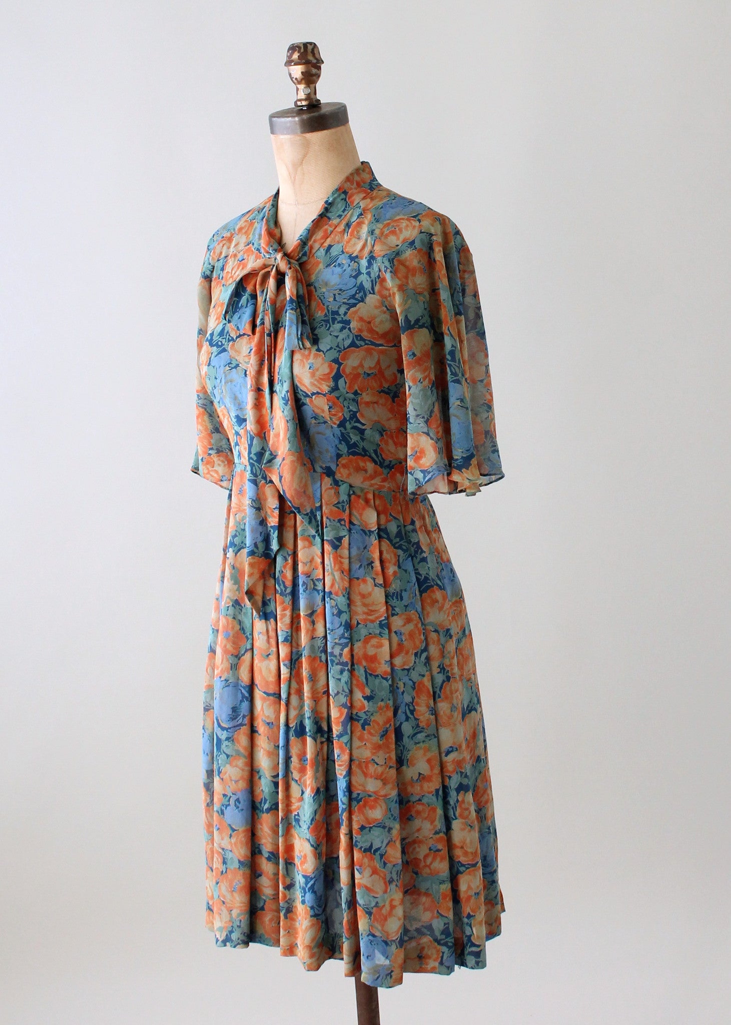 Vintage Floral Silk Dress with Flutter Sleeves