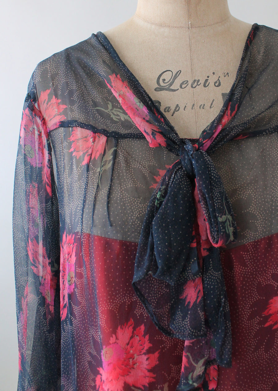 Vintage 1920s Navy and Pink Floral Silk Chiffon Dress
