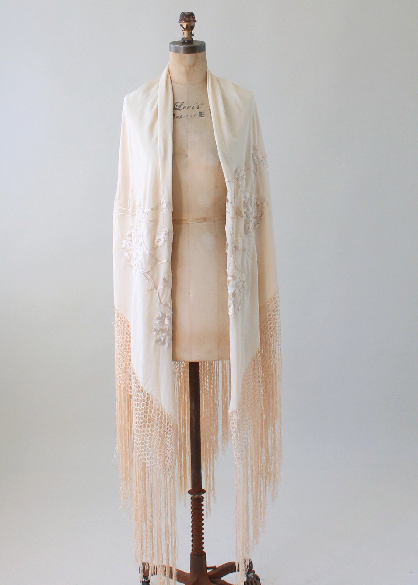 Vintage 1920s Embroidered Ivory Silk Shawl with Fringe