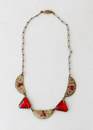 Vintage 1920s Red Glass and Enameled Necklace
