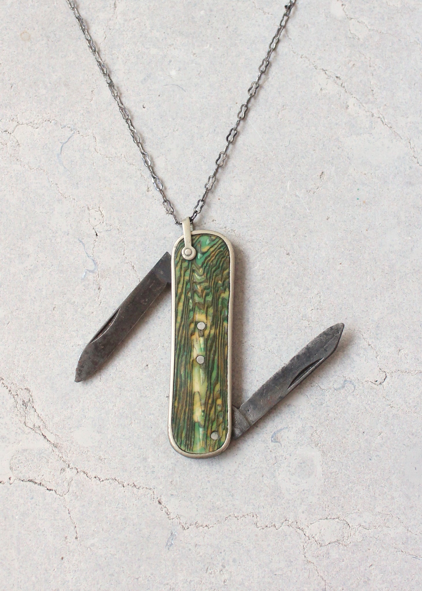 Vintage 1920s Green Shell Pocket Knife Necklace