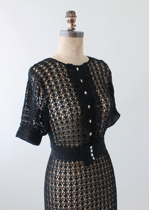 Vintage 1930s Black Knit Ruffle Front Dress