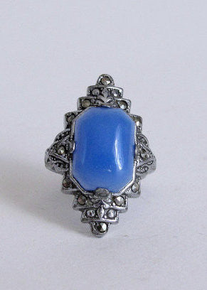 Vintage 1930s Art Deco Blue and Marcasite Cocktail Ring