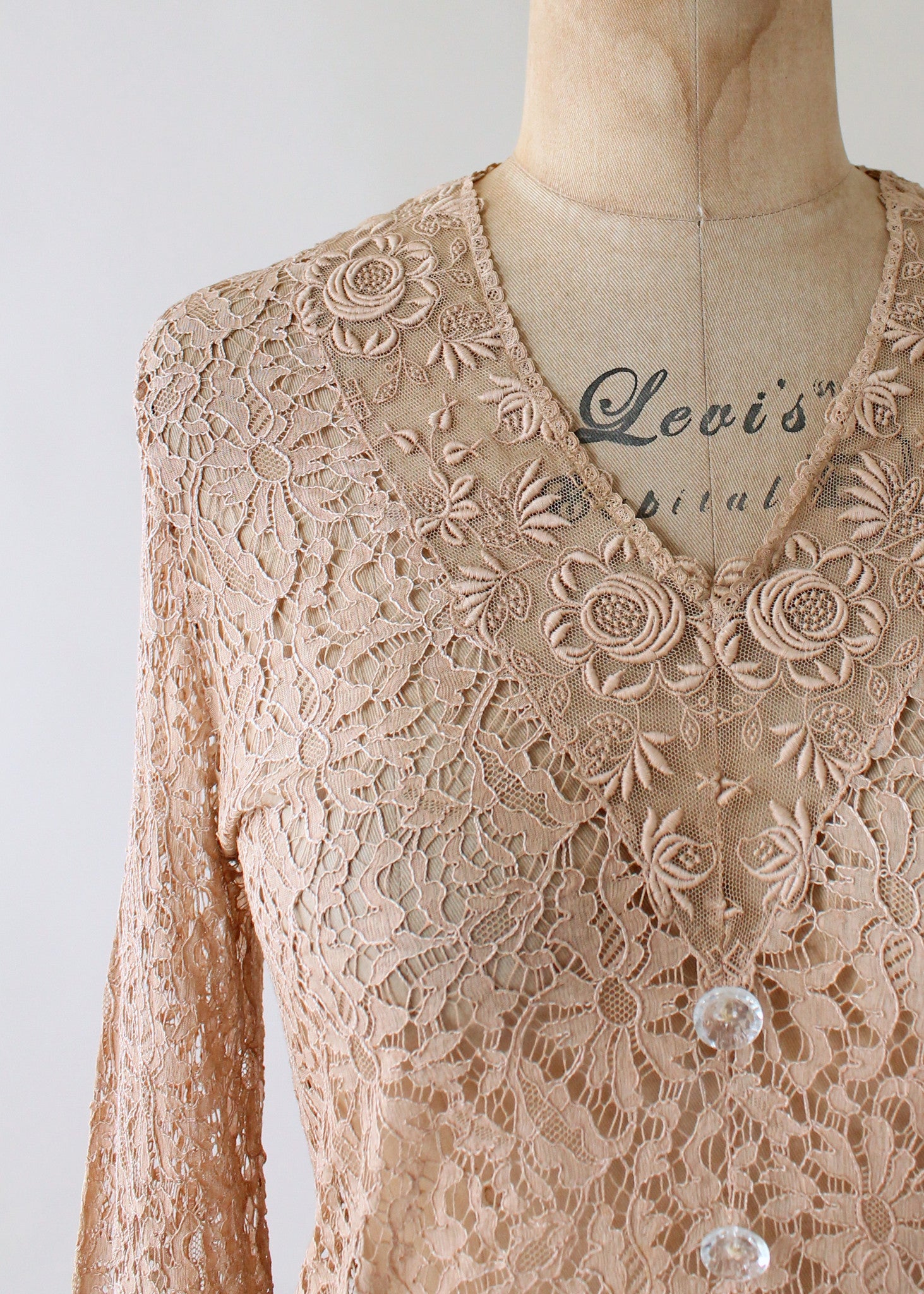 Vintage 1920s–30s Ecru Lace Blouse with Glass Buttons