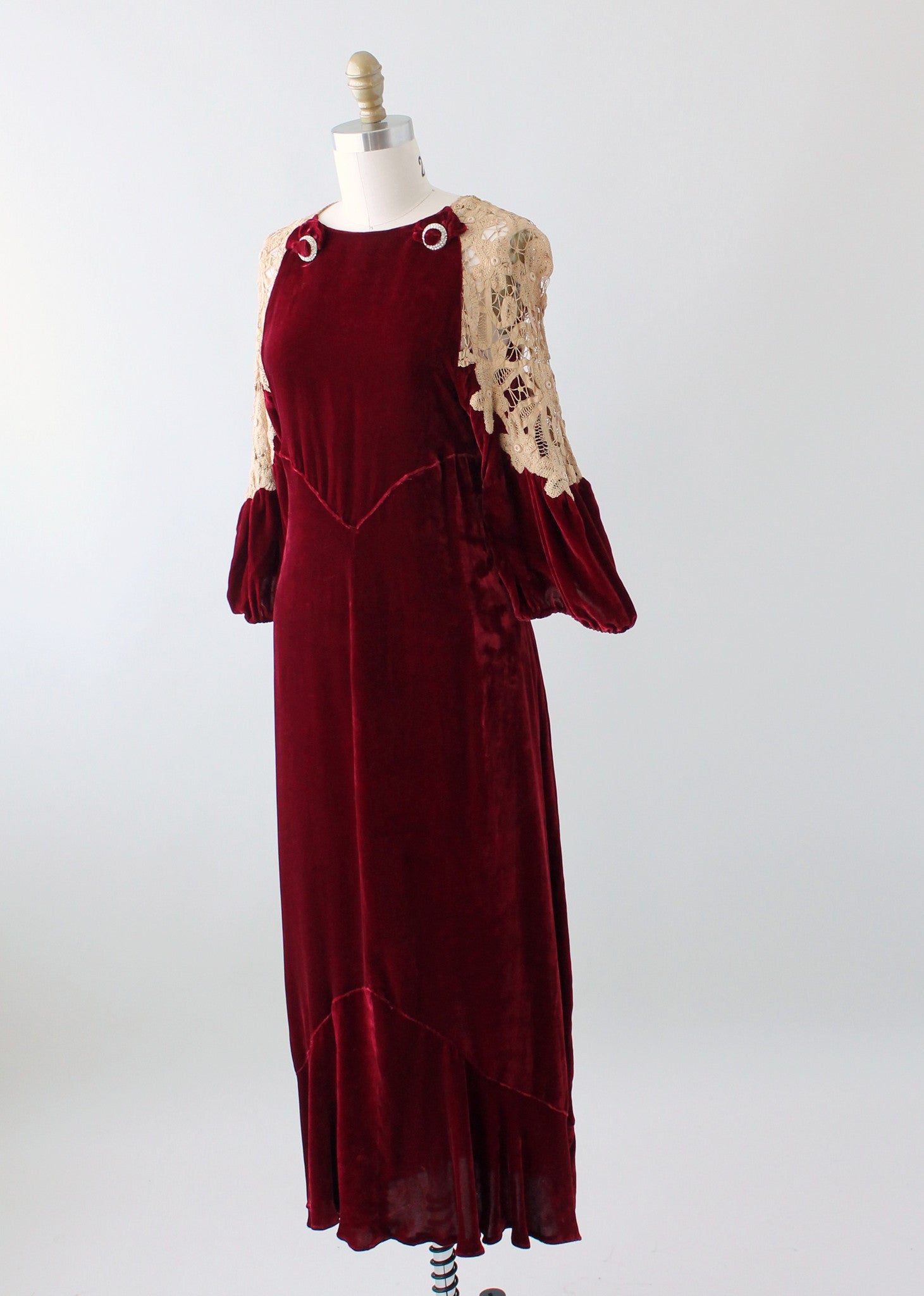 Vintage 1930s Red Velvet and Lace Evening Dress