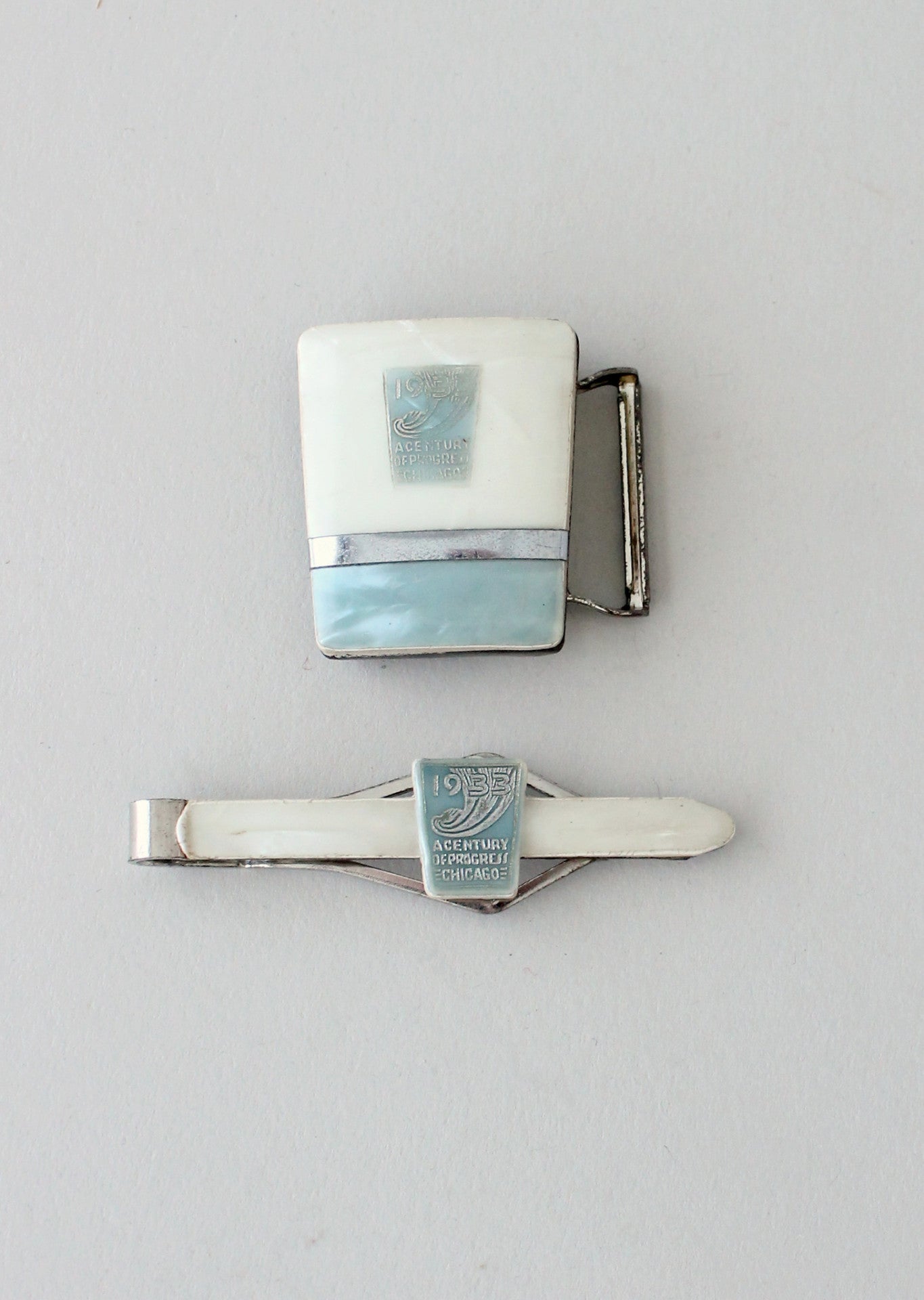 Vintage 1930s Chicago World's Fair Tie Clip and Buckle Gift Set