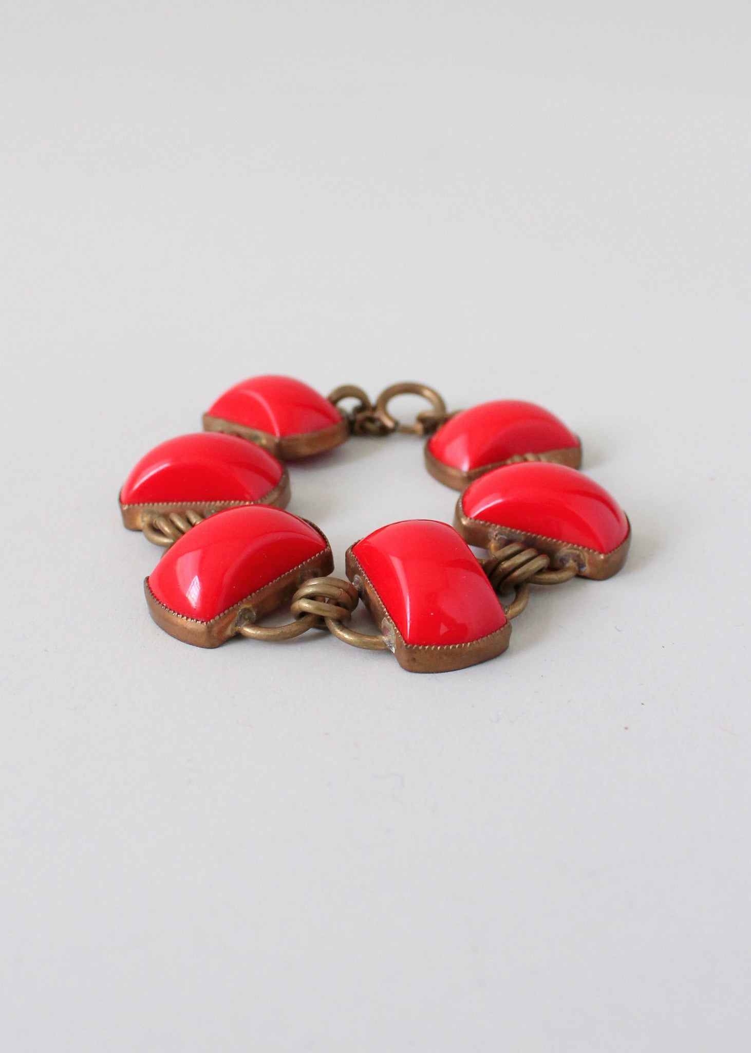 Vintage 1930s Art Deco Red Glass and Brass Bracelet