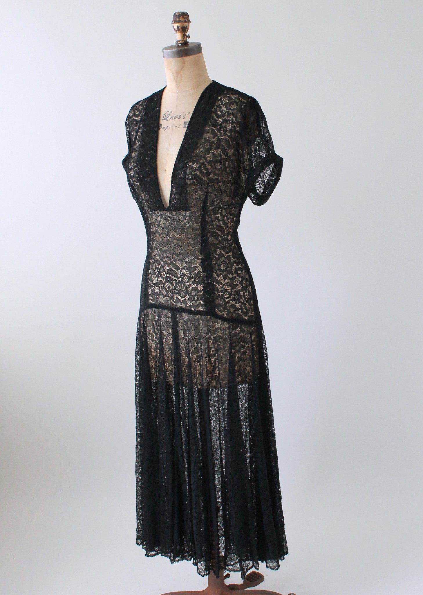 Vintage 1940s Plunging Neckline Black Lace Dress