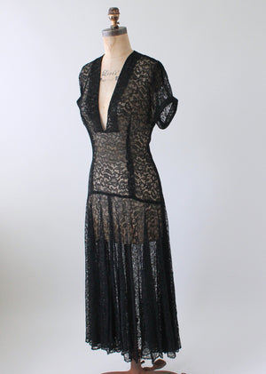 Vintage 1940s Plunging Neckline Black Lace Dress